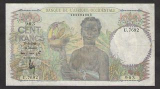 French West Africa 100 Francs 1949 P.  40 (2) Circulated = Fine Prefix U7692