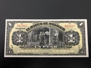 Mexico 1914 Banco De Hidalgo 1 Peso Banknote.  Uncorculated And Cancelled