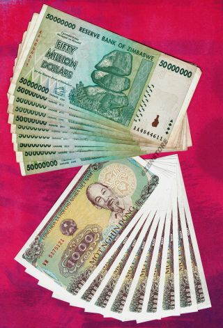 10 X 50 Million Zimbabwe Dollars,  10 X 1,  000 Vietnam Dong Bank Notes Currency