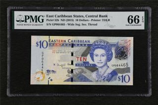 2015 East Caribbean States Central Bank 10 Dollars Pick 52b Pmg 66 Epq Gem Unc