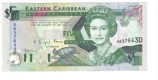 Eastern Caribbean $5 Dollars Xf Banknote (1993 Nd) P - 26d Prefix A Dominica