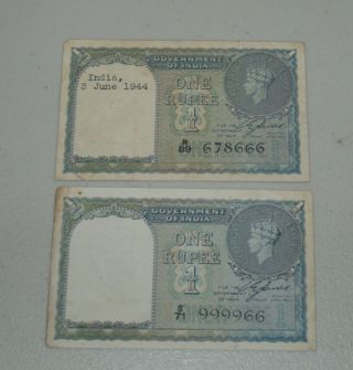 Two Government Of India One 1 Rupee Note 1940 George Vi King Emperor