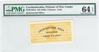 2 Kronen Unc Prisoner Of War Camp Note From Czechoslovakia 1945 Rare/jachimovske