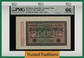Tt Pk 85a 1923 Germany Rep Treasury Note 20000 Mark Pmg 66 Epq Gem Uncirculated