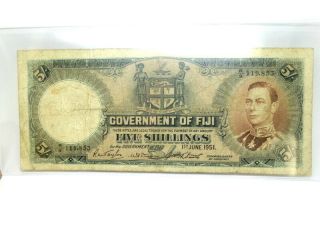 1951 Fiji 5 Shillings Young George Bank Note Oceania Pacific Islands