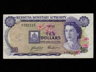 Bermuda:p - 30a,  10 Dollars,  1978 Queen Elizabeth Ii Vf Nr