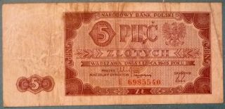 Poland 5 Zlotych Note,  Issued 01.  07.  1948,  P 135,  Rare Note