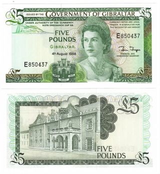 Unc Gibraltar 1988 £ 5 Pound Banknote Depicting Queen Elizabeth Ii P - 21b