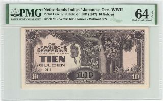Netherlands Indies 10 Gulden 1942 Japan Indonesia Pick 125 Pmg Choice Unc 64 Epq