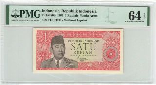 Indonesia 1 Rupiah 1964 Pick 80a Pmg Choice Uncirculated 64 Epq