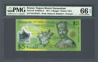 Brunei $5 Ringgit 2011,  P - 36,  Pmg 66 Epq Gem Unc Uncirculated,  Polymer