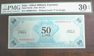 Us / Amc Italy 50 Lire 14b Without Ltr F.  1943 Pmg Vf30 Epq