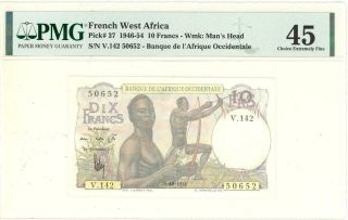 French West Africa 10 Francs Currency Banknote 1954 Pmg 45 Choice Xf