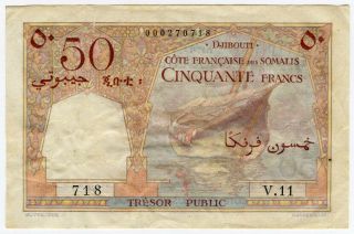French Somaliland 1952 Issue 50 Francs Note Crisp Vf.  Pick 25.