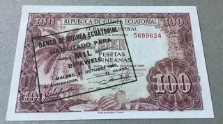 Equatorial Guinea - 1000 Bipkwele On 100 Pesetas 21.  10.  1980 Almost Uncirculated