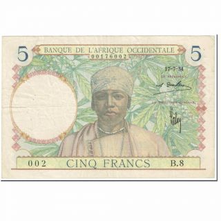 [ 605521] Banknote,  French West Africa,  5 Francs,  1934,  1934 - 07 - 17,  Km:21,  Vf