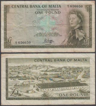 Malta - Elizabeth Ii,  1 Pound,  1967,  Vf,  (2 Pinholes & Small Edge Tear),  P - 29a