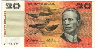 Australia $20 Dollars Knight - Wheeler Vf Banknote (1975 Nd) P - 46b Xrj Prefix