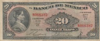 Mexico: $20 Pesos La Corregidora Dec 27,  1950 El Banco De Mexico.