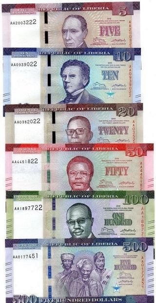 Set,  Liberia 5;10;20;50;100;500 Dollars 2016,  P -,  Redesigned Unc