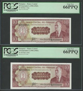 Paraguay 2 Notes 10 Guaranies L.  1952 P196b Uncirculated Graded 66