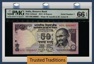 Tt Pk Unl 2015 India 50 Rupees Gandhi Block 4fk S/n 000007 Pmg 66 Epq 7 Of 10