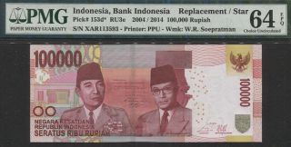 Tt Pk 153d 2004/ 2014 Indonesia 100,  000 Rupiah Replacement Star Pmg 64 Epq