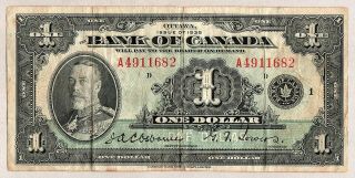 1935 Bank Of Canada $1 One Dollar Banknote A Prefix Osborne & Towers