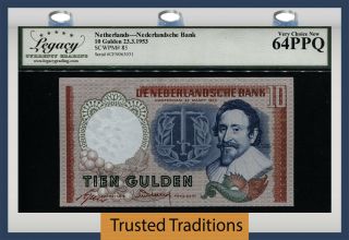 Tt Pk 85 1953 Netherlands Nederlandsche Bank 10 Gulden Hugo De Groot Lcg 64 Ppq