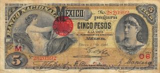 México 5 Pesos 1.  1.  1908 S 257c Series M / O 6 Circulated Check Ssm