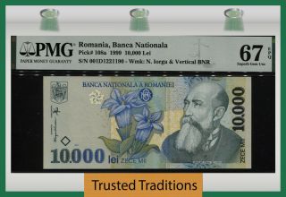 Tt Pk 108a 1999 Romania Banca Nationala 10000 Lei Nicolae Iorga Pmg 67q
