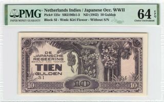 Netherlands Indies 10 Gulden 1942 Japan Pick 125 Pmg Choice Uncirculated 64 Epq