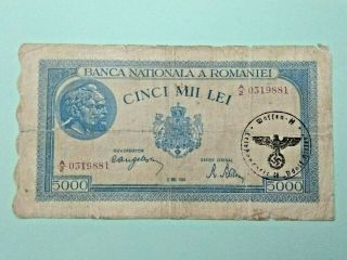 5000 Lei Romania 1944 Banknote German Occupation Nazi Stamp Waffen Ss 881