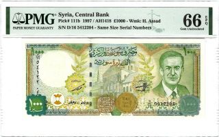 Syria Central Bank 1000 Pounds 1997,  P - 111b,  Pmg 66 Epq Gem Unc,  Pretty Type