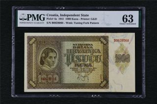 1941 Croatia Independent State 1000 Kuna Pick 4a Pmg 63 Choice Unc