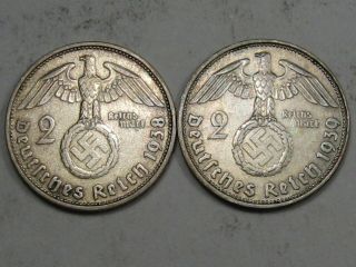 2 Double Mark Nazi Germany Silver 2 Mark Coins 1938 - D/d & 1939 - D/d.  14