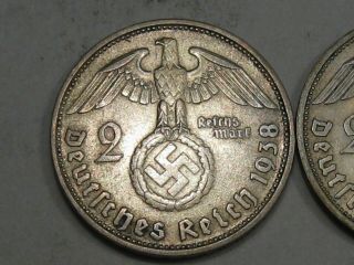2 Double Mark NAZI Germany Silver 2 Mark Coins 1938 - D/D & 1939 - D/D.  14 2