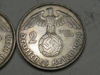 2 Double Mark NAZI Germany Silver 2 Mark Coins 1938 - D/D & 1939 - D/D.  14 3