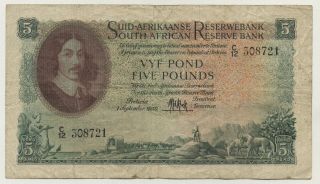 South Africa 5 Pounds 1 - 9 - 1950 Pick 97.  A Vf - Circulated Banknote Ref 721