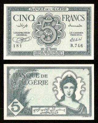 Algeria 5 Francs 16 - 11 - 1942 P.  91 Unc (neuf)