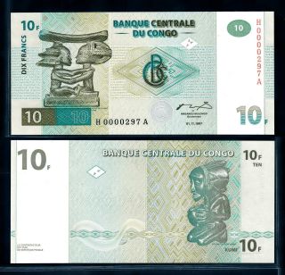 [95220] Congo Dr 1997 10 Francs Bank Note Printer: Nbbpw Unc P87
