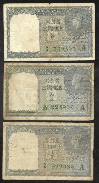 India - Three 1 Rupee Notes - 1940 - P25d - Vg/fine