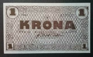 1941 Iceland Fyrir Rikissjod Islands 1 Krona Wwii Emergency Issue Brown Note Unc