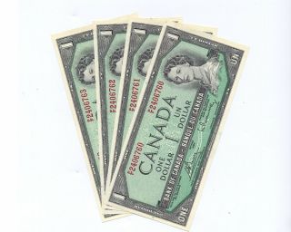4 Consecutive Canada 1954 $1 Dollar Bank Notes Unc