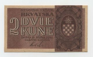 Croatia 2 Kuna 25 - 9 - 1942 Pick 8 Unc Uncirculated Banknote Serial A Ref 261