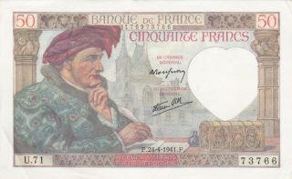 50 Francs Extra Fine Banknote From German Occupied France 1941 Pick - 93