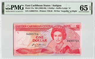 East Caribbean States / Antigua Nd (1985 - 88) P - 17a Pmg Gem Unc 65 Epq 1 Dollar