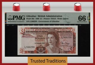 Tt Pk 20e 1988 Gibraltar 1 Pound Queen Elizabeth Ii Pmg 66 Epq Gem Uncirculated
