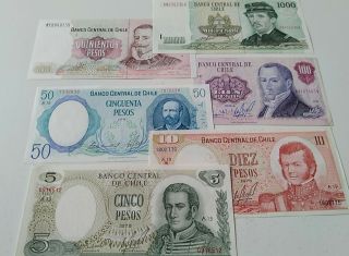 Chile Set De 6 Billetes Pesos Años 1975 - 09 5 - 10 - 50 - 100 - 500 - 1000 Pesos Unc.