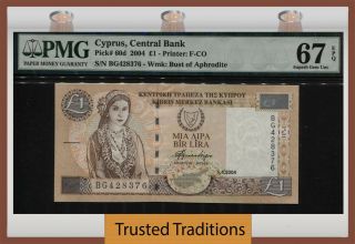 Tt Pk 60d 2004 Cyprus Central Bank 1 Pound Aphrodite Pmg 67 Epq Gem Unc